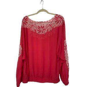 Anthropologie‎ Leifnotes Coral/White  Vaoltta Semi Sheer Peasant Top Size 8